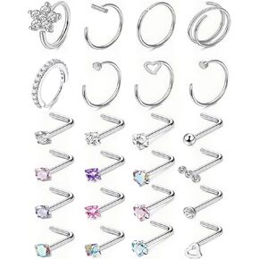 20G Stainless Steel Nose Rings, L Shaped Nose Studs and Nose Rings Hoops, Cute Heart Square CZ Nose Screw Piercing Jewelry 24Pcs Silver For Women