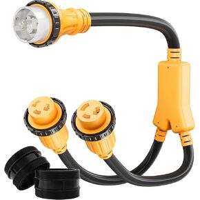 Marine Shore Power Y Splitter SS2-50P Male 50A to (2) 30A L5–30R Female, 50 Amp 125/250V SS2-50P to L5-30R Y Adapter w/Locking Ring & Collar, 50A to Dual 30A Shore Power Cord, STW 10 AWG, 3FT
