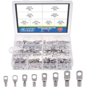 Glarks 125Pcs Marine Grade Heavy Duty Tinned Copper Wire Lugs Battery Cable Ends Eyelets SC Ring Terminal Connectors Assortment Kit