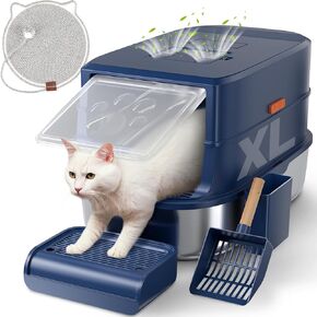 Stainless Steel Cat Litter Box with Lid-Covered Litter Box, Extra Large Metal Litter Box, Easy to Clean for Multiple Cats, Includes Scratch Pad and Cat Scratcher Mat-3-in-1 Enclosed Cat Litter Boxes