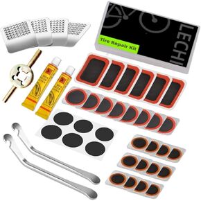 LECHI Bike Tire Repair Kit with Vulcanizing Patches,Stainless Steel Levers,Valve core Wrench for Motorcycle BMX Cycling MTB Road Mountain Bicycle(40 PCS)