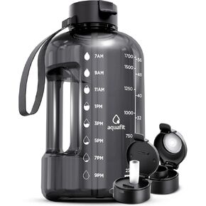 AQUAFIT 64 oz Water Bottle with Time Marker - Straw & Chug Lid - BPA Free Half Gallon Water Bottle, Big Water Bottle with Straw, Gym Water Bottle with Handle, Gallon Water Jug (Gray, 64 Ounces)