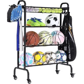 Ball Storage, 4-Tier Ball Rack for Basketball Rolling Ball Volleyball Soccer Baseball, Large Basketball Rack for Balls Garage Organization with Wheels Hooks and Mesh Layer, Indoor&Outdoor