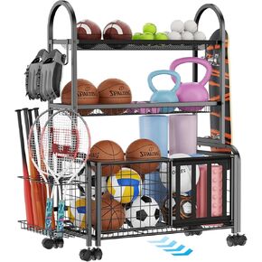 Garage Ball Storage, 2 in 1 Garage Sports Equipment Organizer, Ball Storage Rack, Garage Organizer with Basket and Hooks, Individually Movable Rolling Sports Ball Organizer Cart, Black