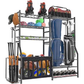 Garage Sports Equipment Organizer, Strong Load Bearing Golf Bag Organizer, Multi Use Golf Organizer Ball Rack Basketball Rack For Sports Gear and Outdoor Ball Storage