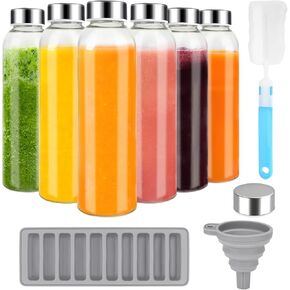 Zukro Glass Juice Bottles with Lids for Juicing 18 oz, Reusable Clear Glass Water Bottles with Stainless Steel Airtight Cap for Refrigerator, 100% Leak Proof, BPA Free, Set of 6