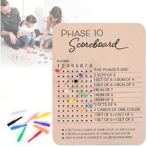 Phase 10 Score Board, 2025 New Wooden Phase 10 Scoreboard and Round Tracker with 8 Colored Pegs, Phase 10 Score Sheets, Board Card Games for Party Family Adults