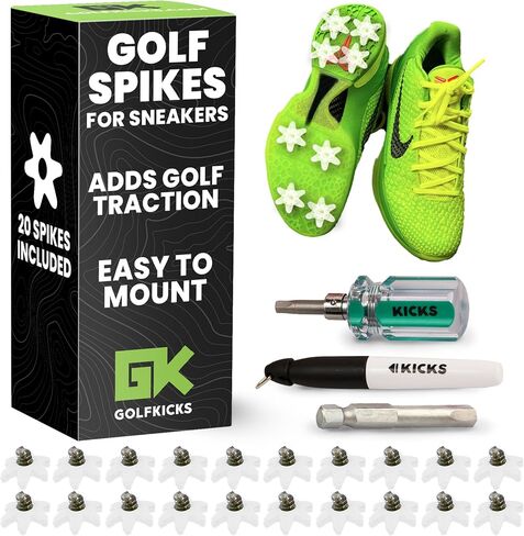 مجموعة مرابط أحذية الجولف DIY من Golfkicks - حوّل أحذيةك الرياضية إلى أحذية جولف - هدية ممتعة - مرابط متوافقة مع أحذية النعل المطاطي المسطح - تتضمن 20 مسمار جولف لأي حذاء وأدوات تثبيت in Saudi Arabia