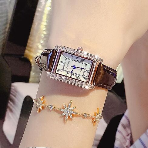 Vintage Square Women's Wristwatch, Quartz Stone Coffee Brown Leather Strap Ladies Watch, Stylish Square Waterproof Women's Retro Watch in Saudi Arabia