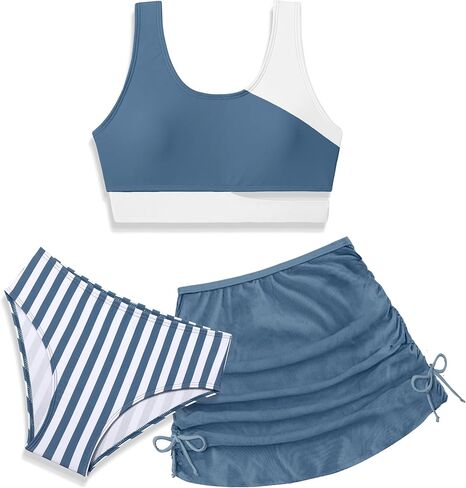 Girls Swimsuit 7-16Y Color Block Girls Bathing Suit 3 Piece Stripe Swimsuits for Teen Girls Bikinis with Cover Up in Saudi Arabia