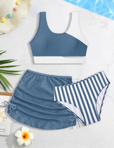 Girls Swimsuit 7-16Y Color Block Girls Bathing Suit 3 Piece Stripe Swimsuits for Teen Girls Bikinis with Cover Up in Saudi Arabia