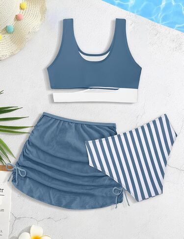 Girls Swimsuit 7-16Y Color Block Girls Bathing Suit 3 Piece Stripe Swimsuits for Teen Girls Bikinis with Cover Up in Saudi Arabia