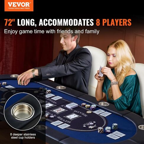 VEVOR Foldable Poker Table for 8 Player, Blackjack Texas Holdem Table with Padded Rails and Stainless Steel Cup Holders, 72" Oval Casino Leisure Table,Blue,Portable Folding Card Board Game Table in Saudi Arabia