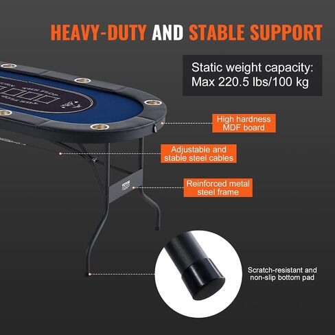 VEVOR Foldable Poker Table for 8 Player, Blackjack Texas Holdem Table with Padded Rails and Stainless Steel Cup Holders, 72" Oval Casino Leisure Table,Blue,Portable Folding Card Board Game Table in Saudi Arabia