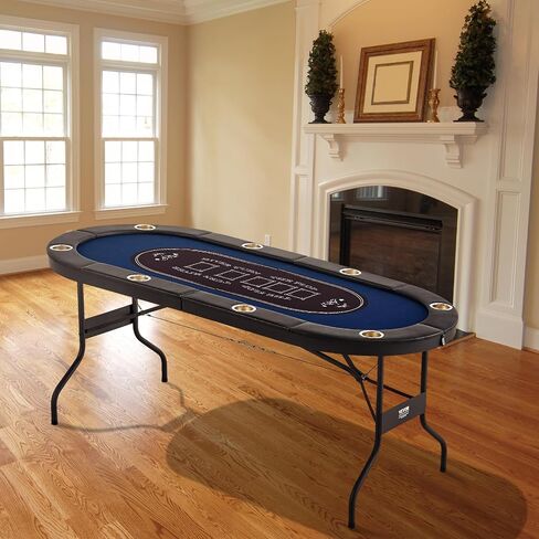 VEVOR Foldable Poker Table for 8 Player, Blackjack Texas Holdem Table with Padded Rails and Stainless Steel Cup Holders, 72" Oval Casino Leisure Table,Blue,Portable Folding Card Board Game Table in Saudi Arabia