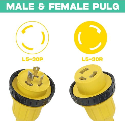 25ft 30Amp 125V RV Power Wire Cord Marine Shore Boat L5-30 Yellow 25 Feet Heavy Duty Electrical Power Cable, NEMA L5-30P to NEMA L5-30R in Kuwait