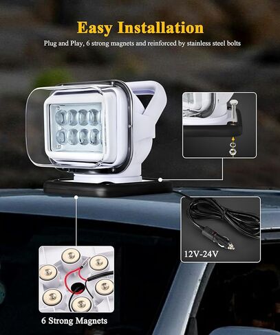 كشاف LED للتحكم عن بعد من Partsam، كشاف دوار 360 درجة لإعادة الضبط التلقائي للشاحنات الصغيرة على الطرق الوعرة والقوارب البحرية 12 فولت - 24 فولت، 6 مغناطيسات قوية مدمجة، أبيض in Kuwait