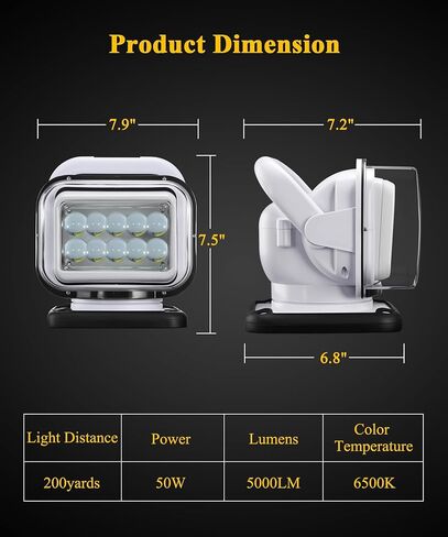 كشاف LED للتحكم عن بعد من Partsam، كشاف دوار 360 درجة لإعادة الضبط التلقائي للشاحنات الصغيرة على الطرق الوعرة والقوارب البحرية 12 فولت - 24 فولت، 6 مغناطيسات قوية مدمجة، أبيض in Kuwait