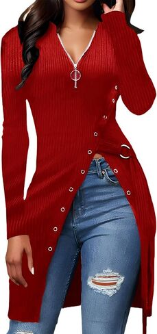 Women's Sexy Asymmetrical Zip Up V Neck Long Sleeve Side Split Hem Longline Tunic Blouses Top in Kuwait