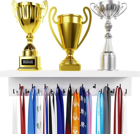EVERMORE Medal Hanger Display and Trophy Shelf with Hooks - Wooden Medal Holder for Wall Mount Ribbon Display, Trophy Display Shelf for Gymnastics, Soccer, Running Race Medals Awards Rack in Saudi Arabia