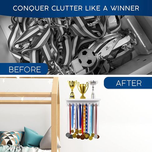EVERMORE Medal Hanger Display and Trophy Shelf with Hooks - Wooden Medal Holder for Wall Mount Ribbon Display, Trophy Display Shelf for Gymnastics, Soccer, Running Race Medals Awards Rack in Saudi Arabia