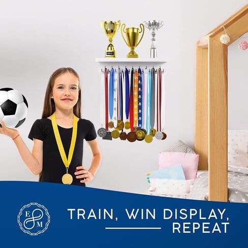 EVERMORE Medal Hanger Display and Trophy Shelf with Hooks - Wooden Medal Holder for Wall Mount Ribbon Display, Trophy Display Shelf for Gymnastics, Soccer, Running Race Medals Awards Rack in Saudi Arabia