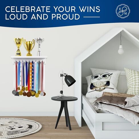 EVERMORE Medal Hanger Display and Trophy Shelf with Hooks - Wooden Medal Holder for Wall Mount Ribbon Display, Trophy Display Shelf for Gymnastics, Soccer, Running Race Medals Awards Rack in Saudi Arabia
