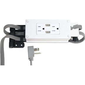 Compact in-Drawer Outlet Charging Station (2) 15 Amp AC Outlets (2) USB-A Ports with Cord Management Arm, White