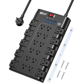 Surge Protector Power Strip, SUPERDANNY Charging Station 22 Outlets with 45W Type-C Fast Charging USB Ports, 4 USB-A, 2 USB-C, 2100J, 15A/1875W, 6.5Ft Flat Plug Extension Cord for Home Streaming Black