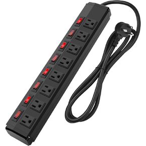 8 Outlet Metal Power Strip with Individual Switches,Heavy Duty Appliance Power Strip with Flat Plug,1200J Surge Protector,6FT Extension Cord 15A 120V 1800W for Home Office School Shop Industrial