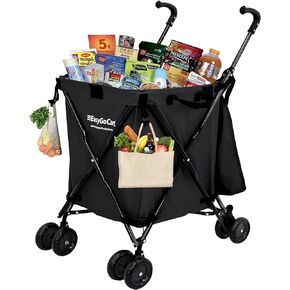 EasyGo Grocery Shopping Cart Laundry Basket Rolling Utility Cart with Wheels – Removable Canvas Bag, Versa Wheels & Rear Brakes - Easy Folding 120lb Capacity – Copyrighted, Black