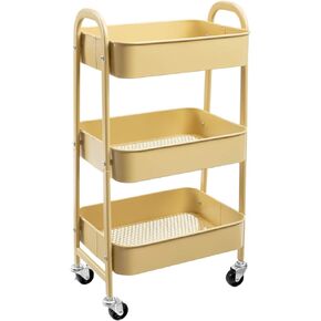 AGTEK Makeup Cart, Movable Rolling Organizer Cart,3 Tier Metal Utility Cart, Beige