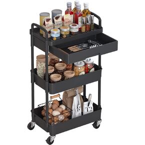 Dttwacoyh 3-Tier Rolling Cart，Trolley with Drawer, Multifunctional Storage Organizer with Plastic Shelf & Metal Wheels, Kitchen Storage Cart for Living Room, Kitchen, Office, Bathroom, Black