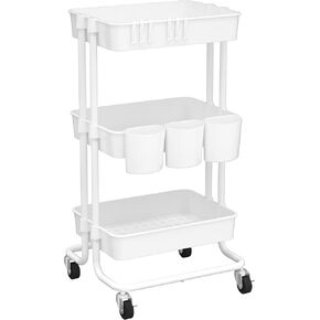 CAXXA 3-Tier Rolling Storage Organizer with 3 Small Baskets - Mobile Utility Cart with Caster Wheels (BLACK)