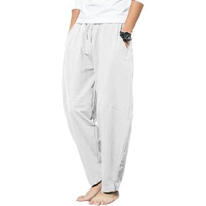 Men's Linen Harem Pants Elastic Waist Cotton Pants Drawstring Loose Trousers