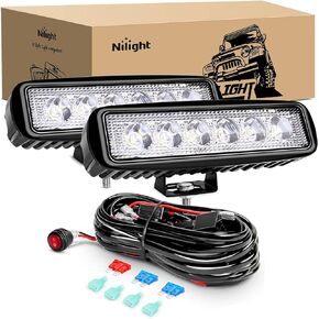 Nilight 2Pcs 18w Spot LED Work Lights LED Pods Fog Lights Off Road Led Lights Driving Lights with16AWG Off Road Wiring Harness Kit-2 Leads, 2 Years Warranty