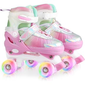 Rainbow Roller Skates for Girls Kids, Gradient Pink Purple 4 Size Adjustable Quad Skates S, M, L with All Light Up Wheels for Kids Youth Outdoor Indoor