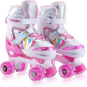 Kids Roller Skates Adjustable for Girls Boys Toddlers Youth, Pink 4 Size Adjustable Light Up Roller Skates for Size 11J todders to Size 7 Youth Women
