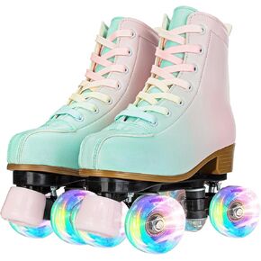 YYW Roller Skates for Girls and Women, Fantastic Gradient Pink and Green PU Leather Light Up Kids Youth Roller Skates, Indoor Outdoor Roller Skates Girls Ages 8-12