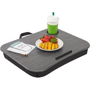 LAPGEAR Cup Holder Lap Desk with Device Ledge - Gray Woodgrain - Fits up to 14 Inch Laptops - Style No. 46325