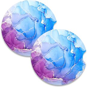 Nipichsha Car Coasters for Cup Holders, 2 Pack Absorbent Ceramic Car Cup Holder Coaster for Drinks, Cute Car Assecories for Women Men, Size 2.56" with Finger Notch & Cork Base, Abstract Boho Leaf