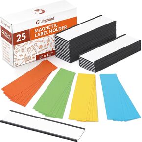 25 Pack C Channel Magnetic Label Holders 5x1.5 with 50 White Card Inserts, 25 Clear Plastic Protectors and Bonus 20 Colorful Cardstock Inserts in Blue, Green, Yellow and Red - Double-Sided Cards