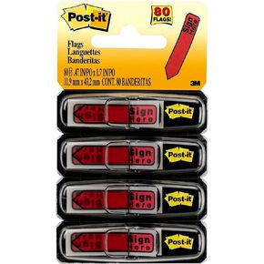 Post-it Message Flags, Sign Here", 20/Dispenser, 4 Dispensers/Pack, 0.47 in Wide, Red (684-RDSH)