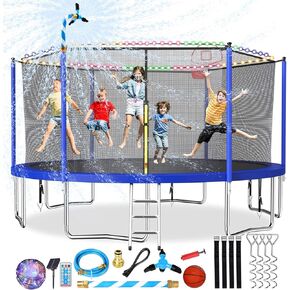 Upgraded 10/12/14/15/16FT Trampoline Outdoor, Large Kids Trampoline with Light, Stakes, Sprinkler, Backyard Trampoline with Basketball Hoop and Net, Capacity for 4-6 Kids and Adults