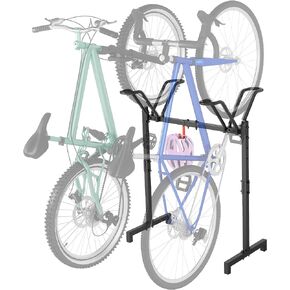 2 Bikes Floor Stand,Adjustable Bicycle Parking Rack with Hook for Garage/Indoor/Outdoor,Metal Cycle Storage Organizer Rack for Road Bikes