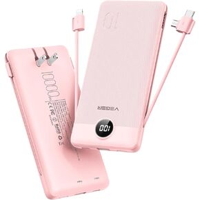 VEGER Portable Charger for iPhone with Built in Cables and Wall Plug, 10000mah Slim Fast Charging USB C Power Bank, Travel Essential Battery Pack Compatible with iPhone, iPad, Samsung etc(Green)
