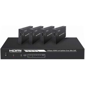 Monoprice 4K HDMI 2.0 1x4 Splitter Extender Kit - Up to 60 Meters 4K@60Hz, 18Gbps, HDR10, HDR10+, Dolby Vision, Hyper Log‑Gamma, HDCP 2.2, HDMI Loop Out, EDID, PoC, 4 Receivers - Blackbird Series