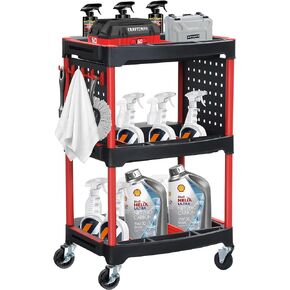 YITAHOME Auto Detailing Cart with Wheels, 3 Tier Rolling Detail Cart with 2 Side Hanging Plate & Hooks, Car Wash Organizer Cart for Detailers Garage, Workshop, Repair Shop, Storage Tool