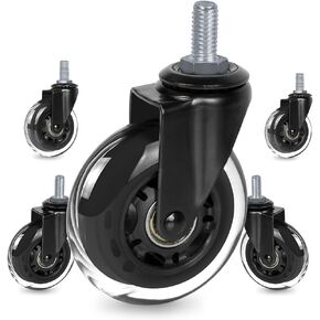 Replacement Office Chair Caster Wheels by 8T8, Set of 5, Rubber Chair Casters with Threaded Stem 3/8''-16X1"(NOT Metric M10), Quiet and Smooth Gliding,Safe for Woood Hardwood Carpet Floors
