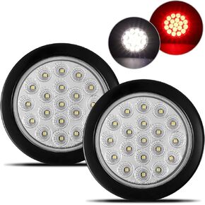 Partsam 2Pcs 4 Inch Round Red Stop Turn Tail Lights and White Backup Lights Kit 19 Diodes w/Rubber Grommets & 3-Prong Wire Pigtails, Red/White Round Led Truck Trailer Tail Lights and Reverse Lights